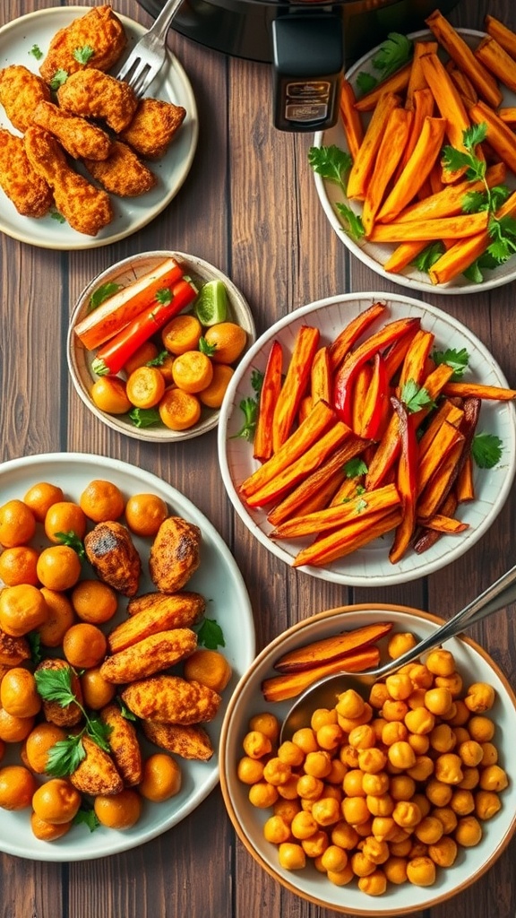 A variety of air fryer lunches including chicken tenders, roasted veggies, sweet potato fries, and chickpeas on a rustic table.